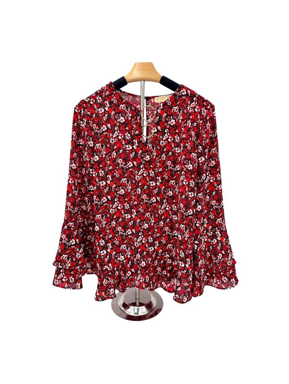 Michael Kors Cranberry Red Floral‎ Long Sleeve Keyhole Ruffle Hem Blouse Sz S